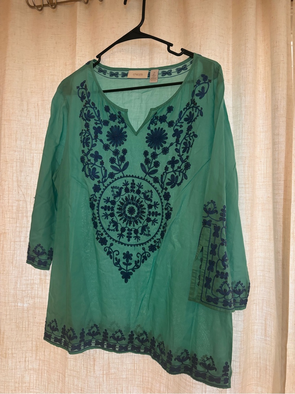 Chico's Teal & Navy Embroidered V-Neck Tunic